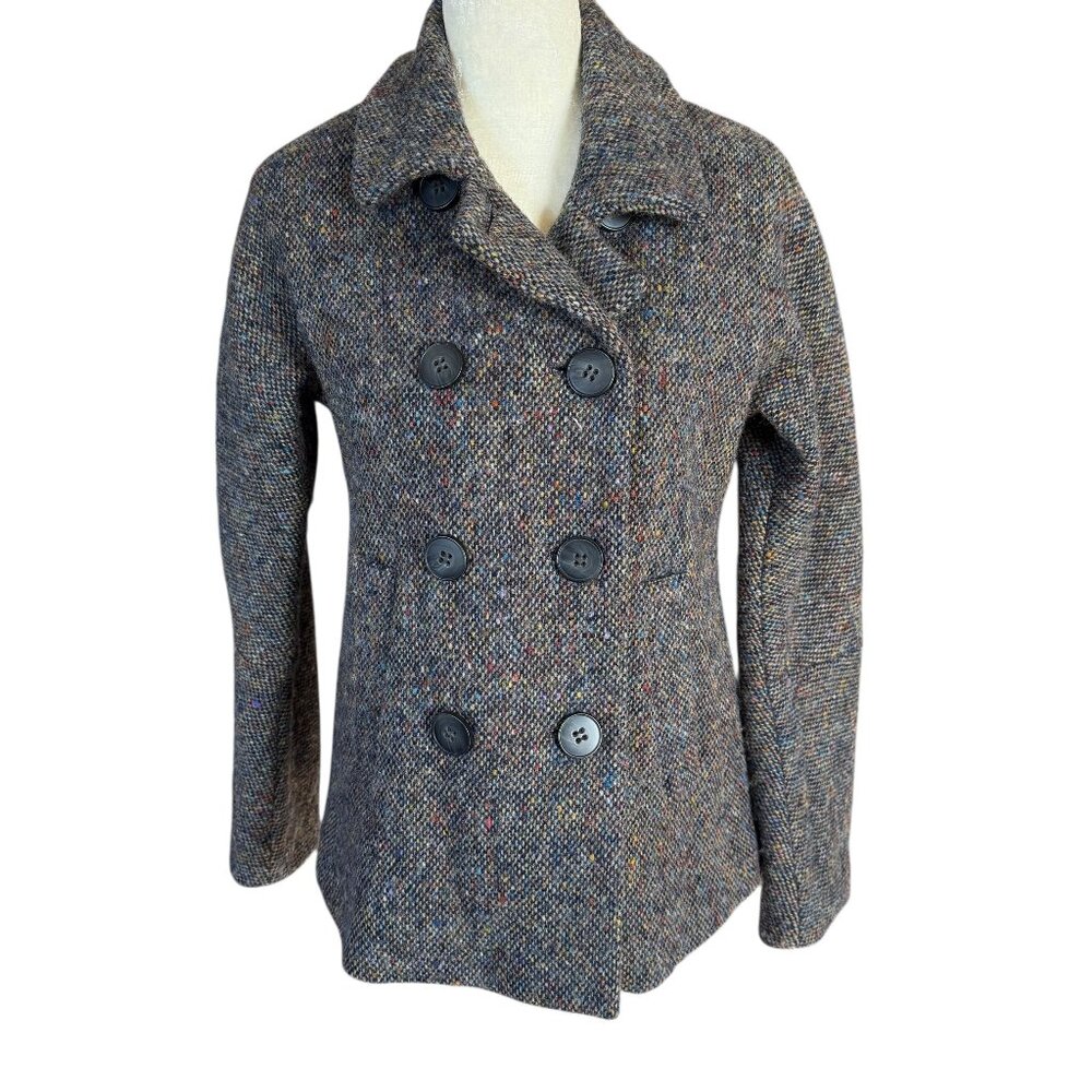 Theory black gray woven wool long sleeve collared button down coat women's S